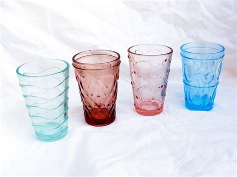 Items Similar To Set Of Four Pressed Glass Colored Drinking Glasses On Etsy