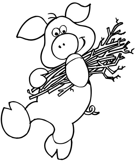 This is the coloring image of fifer, fiddler and practical, the protagonists of the three little pigs. The Three Little Pigs Coloring Page | Pig Carrying Sticks ...