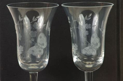 Vintage champagne glasses crystal champagne glass etching etched glass gatsby style crystals tableware floral image. Vintage Champagne Glasses with Etched Butterfly Details ...