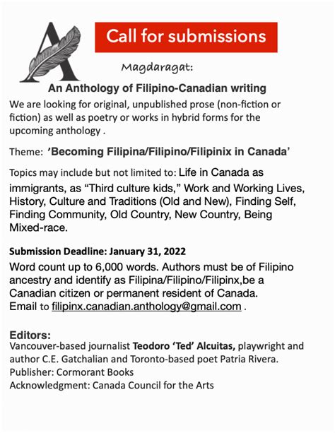 Call For Submissions For Anthology Of Filipino Canadian Writing