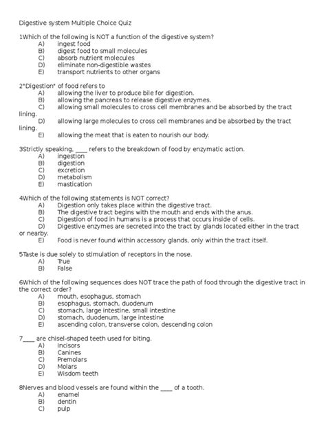 Digestive System Multiple Choice Quiz Digestion Small Intestine