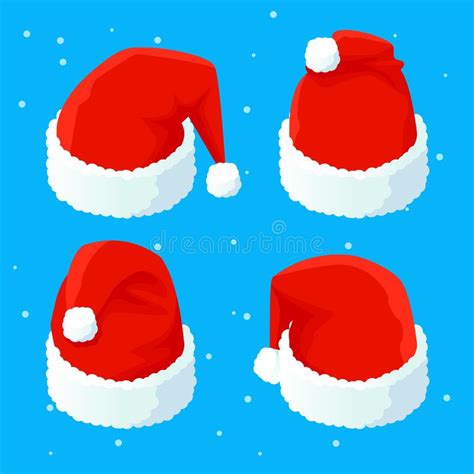 Set Of Santa S Red Christmas Hats Isolated On Blue Background Vector