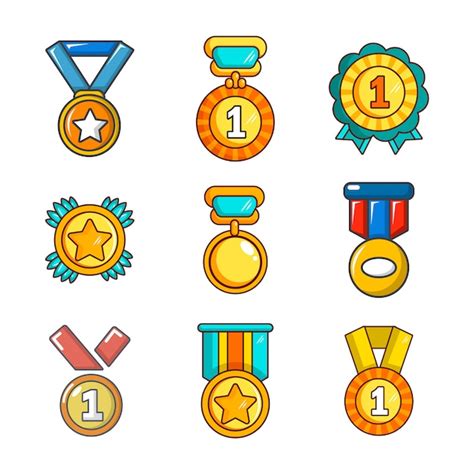 Conjunto De Iconos De La Medalla De Oro Conjunto De Dibujos Animados
