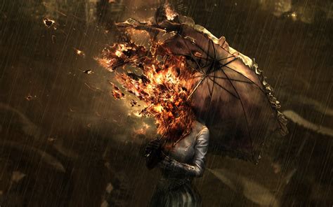 Woman Holding Burning Umbrella Under The Rain Hd Wallpaper Wallpaper