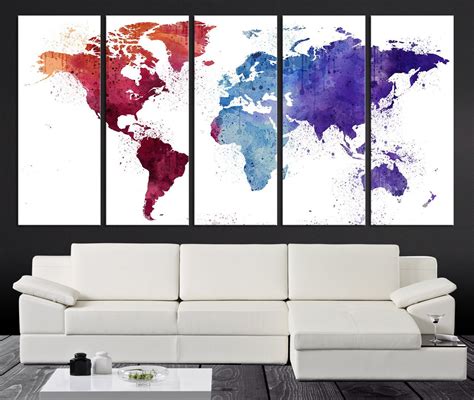 Extra Large Burgundy World Map Canvas Wall Art Print Watercolor