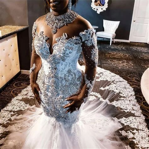 Robe De Mariee Luxury Crystal Beaded Wedding Dress Illusion Long Sleeves Mermaid Bridal Dress