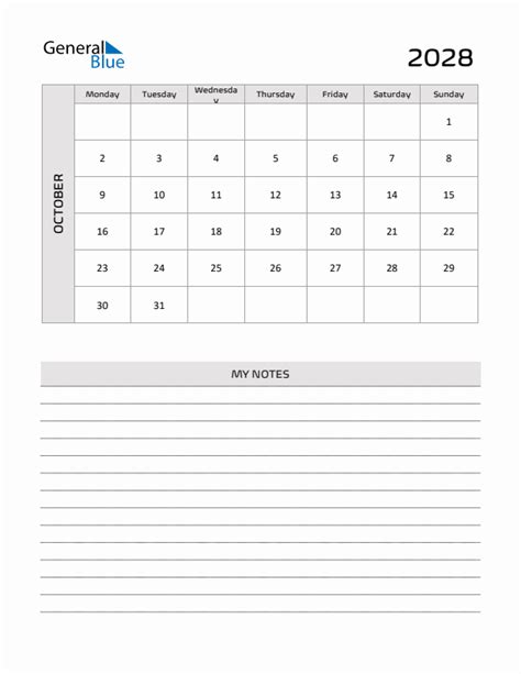 October 2028 Monthly Calendar Templates With Monday Start