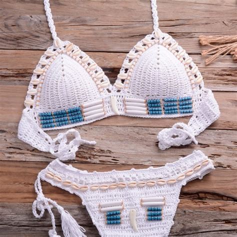 Sexy Blue Shell Beaded Bikinis Set Handmade Crochet High Quality Swimsuit Women Push Up Swimwear