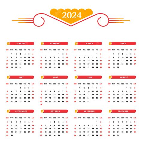 Czerwono żółty Kalendarz Roczny 2024 O Unikalnym Kształcie Wektor