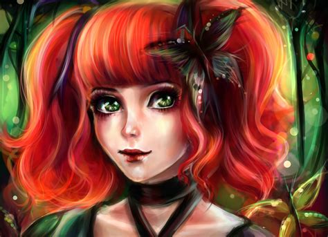 825773 4k Painting Art Butterflies Eyes Redhead Girl Glance