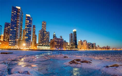 Chicago Lakeshore At Night In Winter Frozen Lake Michigan Skyline