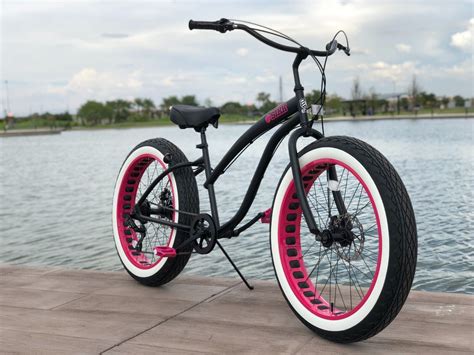 Ladies Sikk Ufo 7 Speed Fat Tire Beach Cruiser Bicycle Black Frame Pink