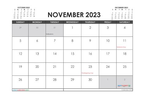 November 2023 Calendar With Holidays Printable 23296