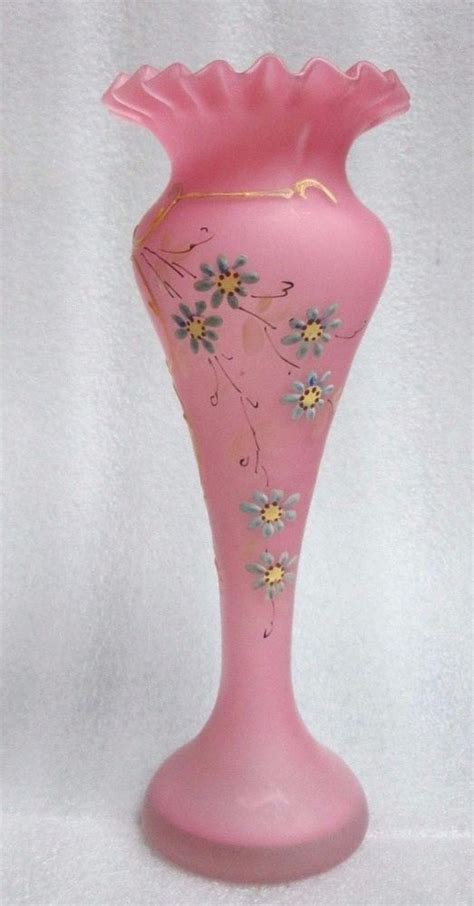 Antique Victorian Pink Enameled Frosted Satin Glass Vase W Forget Me
