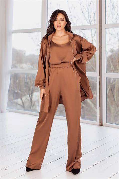 Bronze Silk Pant Suit For Women Satin Three Piece Summer Set Etsy
