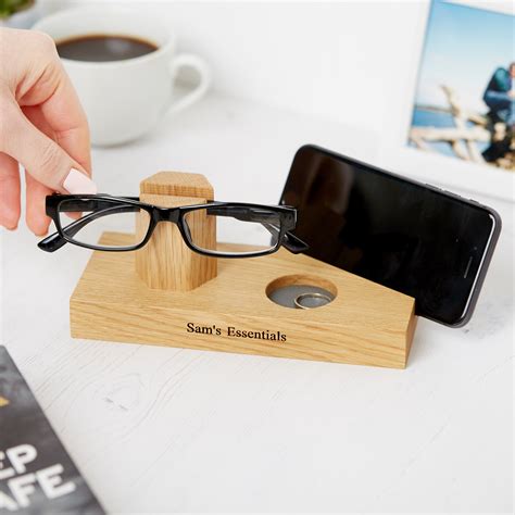 personalised oak bedside glasses and phone stand with ring etsy uk