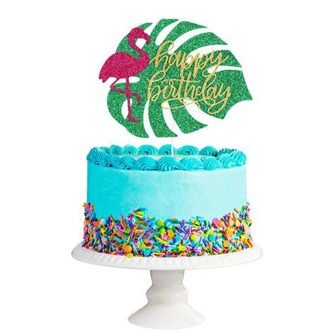 buy tropical palm leave flamingo cake topper gold glittery happy birthday cake topper for