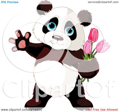 Clipart Of A Cute Panda Bear Waving And Holding Tulip Flowers Royalty