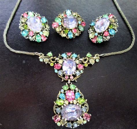 Hollycarft 1950 Pastel Rhinestone Necklace Pin Earring Set Earring Set Antique Jewelry