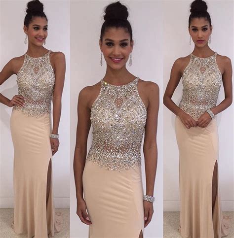 Champagne Mermaid Prom Dresses Beading Satin Long Prom Gowns Formal