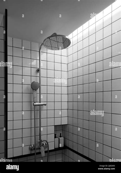 Chrome Shower With Overhead Rain Shower On Black And White Grid Tiles Wall The Interior Of