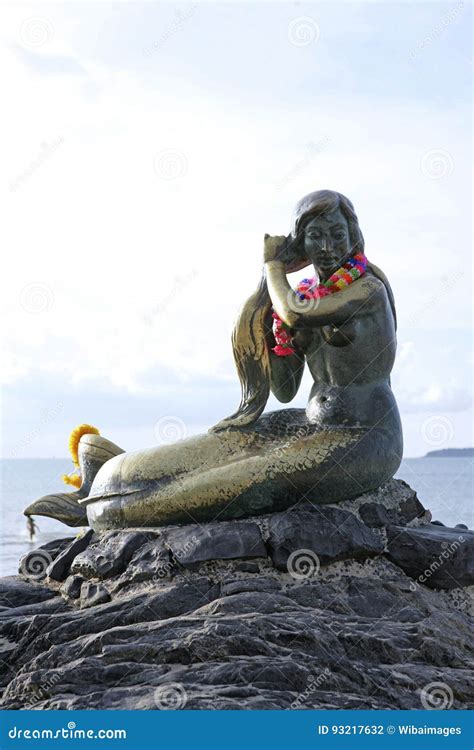 Sculpture The Golden Mermaid At Smila Beach In Songklah Stock Photo