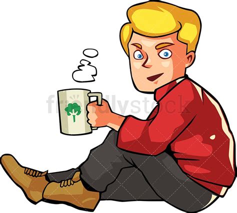 Man Drinking Hot Coffee While Seated Outside Cartoon