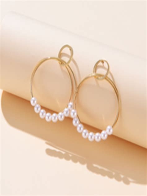 Buy URBANIC Gold Toned White Beaded Circular Hoop Earrings Earrings