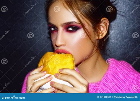 Woman Eats A Burger Food Food Porn Teen Girls Enjoying Delicious