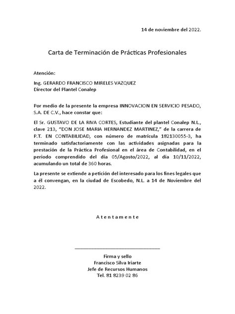 Carta De Terminación De Práctica Profesional Pdf