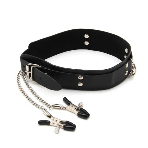 Sex Toys Slave Collar Nipple Clamps Pu Leather Necklace Bdsm Cosplay