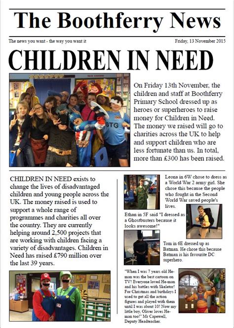 Read a newspaper article from the chicago tribune about the death of eric morse. Children in Need | Boothferry Primary School