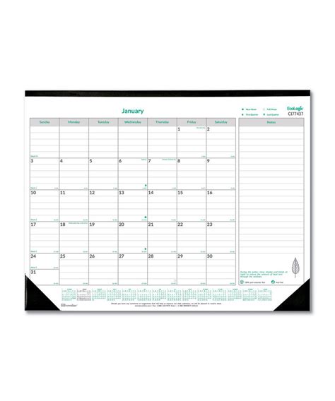 Ecologix Monthly Desk Pad Calendar 22 X 17 Whitegreen Sheets Black