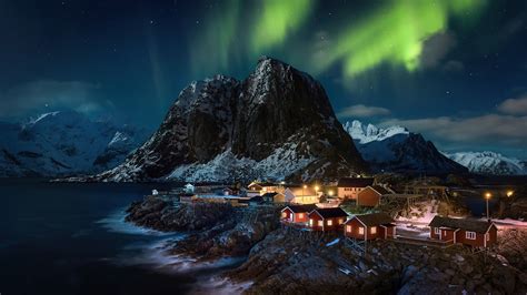2048x1152 Lofoten Norway Village Aurora Northern Lights 4k Wallpaper