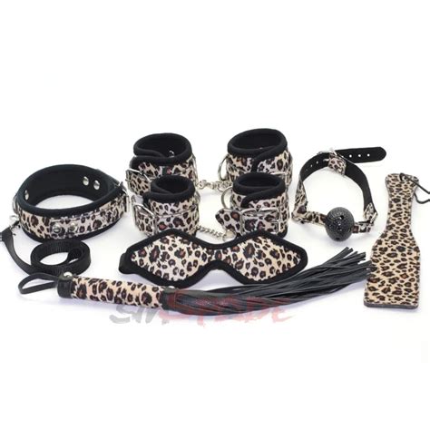 7 pcs set sexy leopard bondage restraint kits bondage restraint hand cuffs ankle cuffs and sex