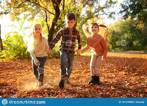 Cute Little Children Having Fun In Autumn Park Stock Photo Image Of