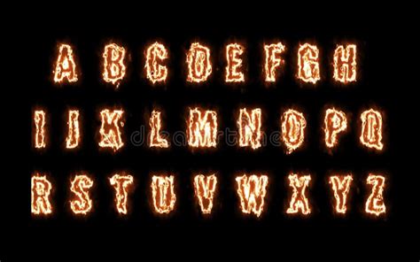 Burning Alphabets Set On Black Background All Letters With Fire Flames