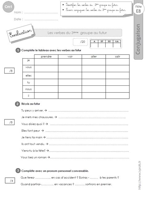 Complète les phrases en conjuguant les verbes au futur simple. cm1:evaluation 2ème et 3ème groupe futur