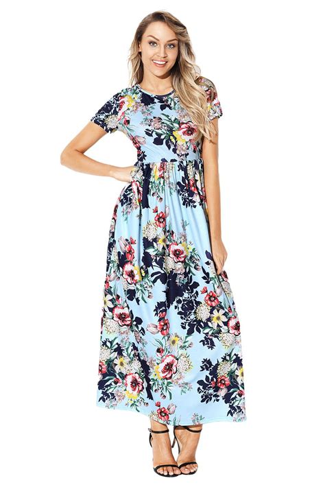 Pocket Design Short Sleeve Light Blue Floral Maxi Dress Blue Floral Maxi Dress Long Skirt