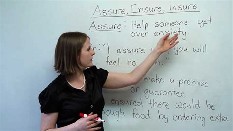 Use ensure when you mean guarantee. English Vocabulary - Assure, Ensure, Insure - YouTube