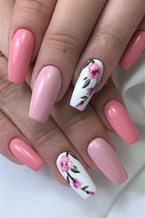 Pretty Pink Coffin Nails With Flowers Pink Nail Art Light Pink Nails