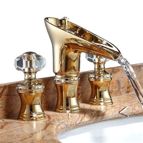 Luxury Crystal Dual Handle Solid Brass Copper Golden Basin Faucet Gold Bathroom Cabinet Hot And