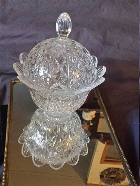 Floral pattern oval candy dish with lid. Crystal Candy dish Imperial Glass Rows of X's line the ...