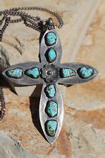 VINTAGE SIGNED NAVAJO STERLING SILVER TURQUOISE CROSS PENDANT CHAIN