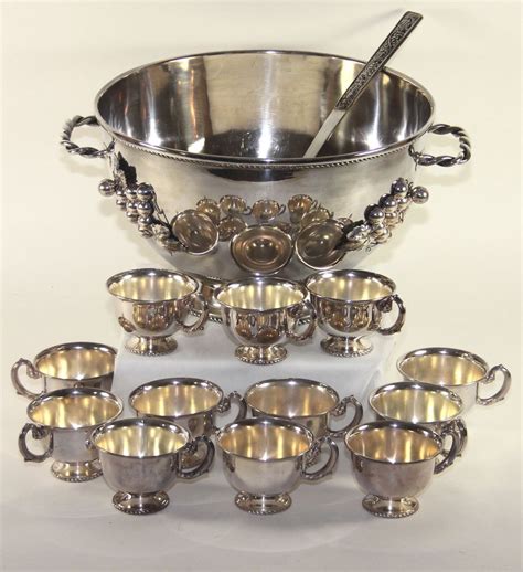Impressive Silver Plate Punch Bowl With Cups Ladle Grapes From