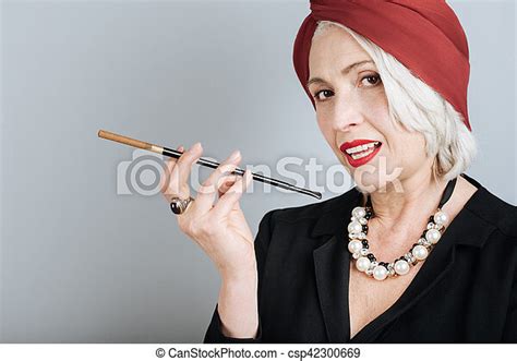 Beautiful Senior Woman Smoking Cigarette Pleasant Smoking Charming