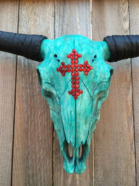 Large Turquoise Cow Skull With Red By Priddygirlboutique On Etsy Cow