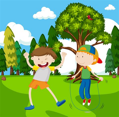 Two Boys Playing Jumprope In Park 295284 Vector Art At Vecteezy