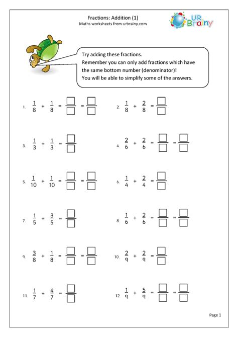 Adding Fractions 1 Fraction And Decimal Worksheets For Year 4 Age