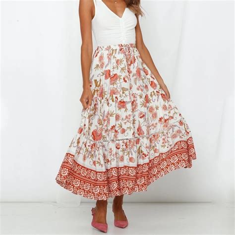 Deruilady 2019 Women Summer Beach Casual Maxi Skirt Boho Floral Print